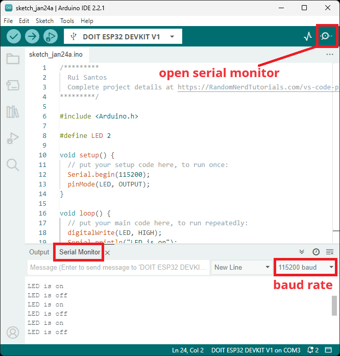 Open Arduino IDE Serial Monitor Arduino IDE 2.0 ESP32