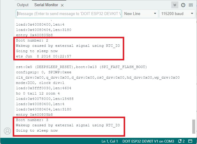 ESP32 testing exterbak wake-up