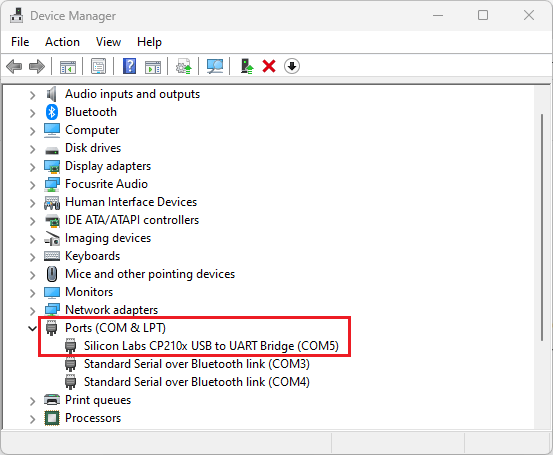 Testing the CP210x USB to UART Bridge Drivers Installation on Windows PC Device Manager