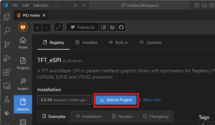 Add TFT_eSPI Library to Project, VS Code