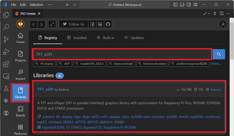 Searching TFT_eSPI Library on VS Code