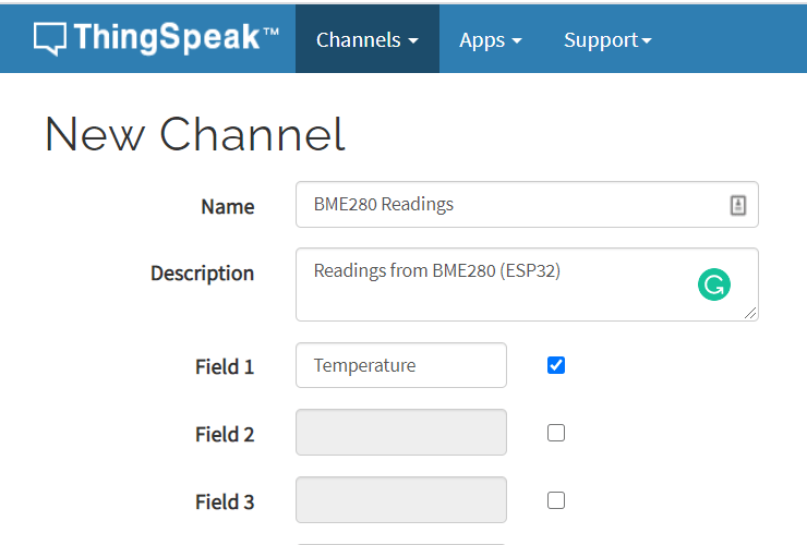 ThingSpeak Edit Add New Channel Settings Configuration