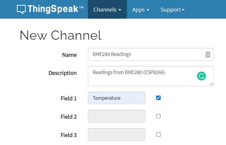 ThingSpeak Edit Add New Channel Settings Configuration
