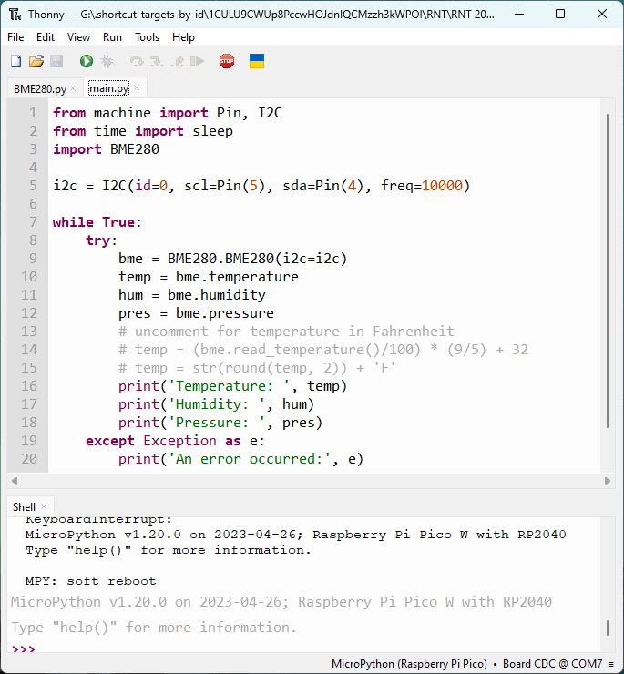 Raspberry Pi Pico Thonny IDE Read Temperature, Humidity, and Pressure from BME280