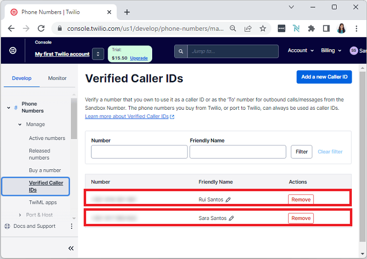 twilio add verified called ids