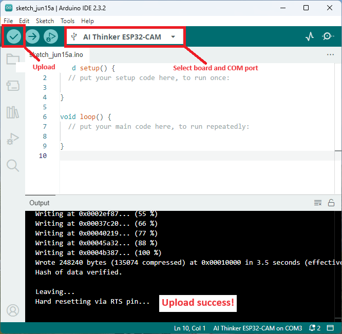 ESP32-CAM AI Thinker Module Arduino IDE Done Uploading Success Message