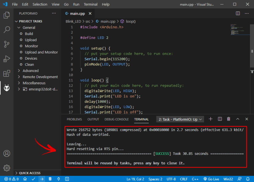 Upload Code to ESP32 PlatformIO VS Code Success