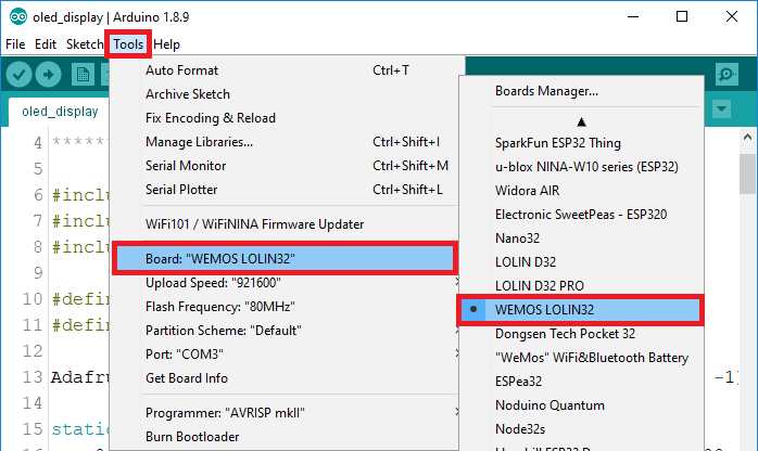 Upload Code WeMos Lolin32 ESP32 OLED in Arduino IDE