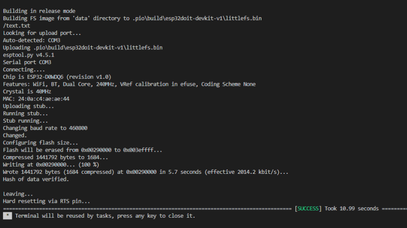 Upload filesystem image ESP32 VS Code PlatformIO success message