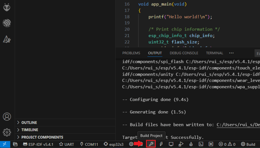 VS Code Build Project Hello World ESP32 ESP-IDF