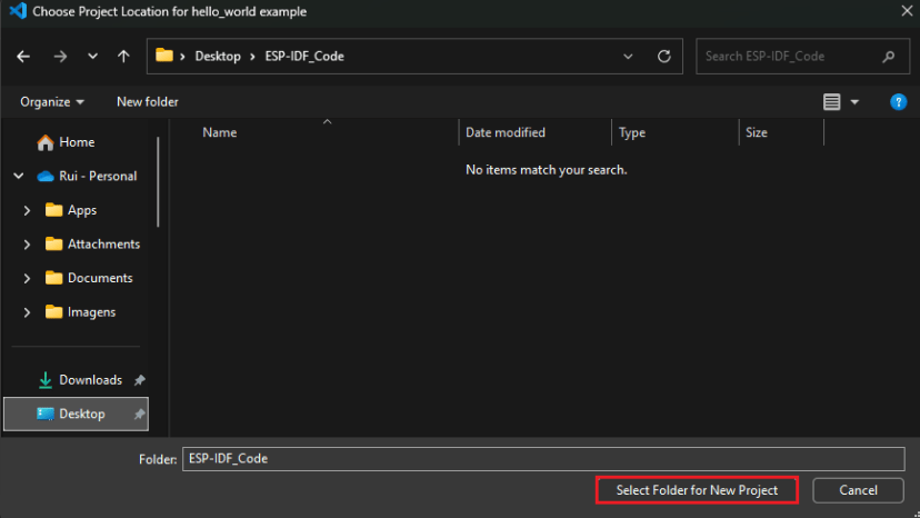 VS Code ESP-IDF Show Examples Open Hello World Project Select Location Folder for New Project
