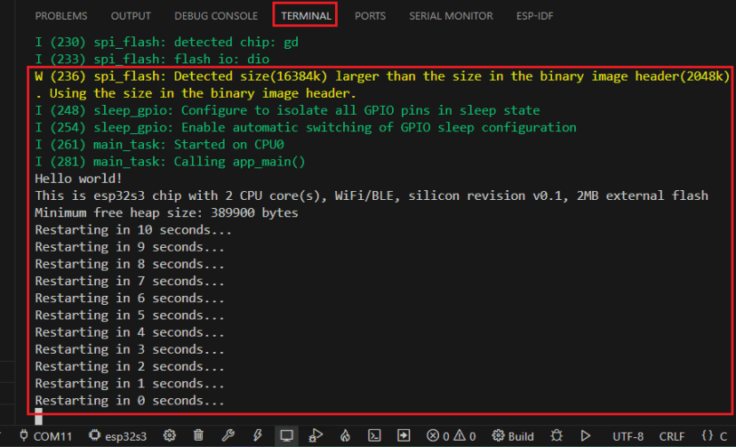 VS Code Open Terminal Window Test Hello World ESP32 ESP-IDF Project