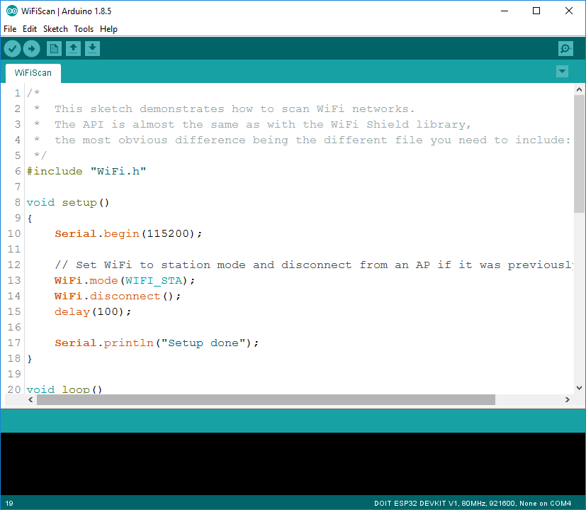 Arduino IDE uploading WiFiScan example to ESP32
