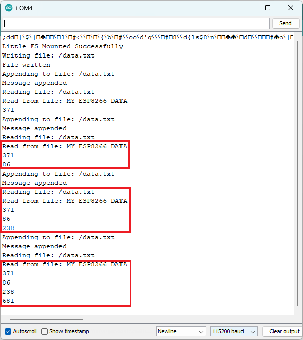ESP8266 Save Data to File LittleFS Example Serial Monitor